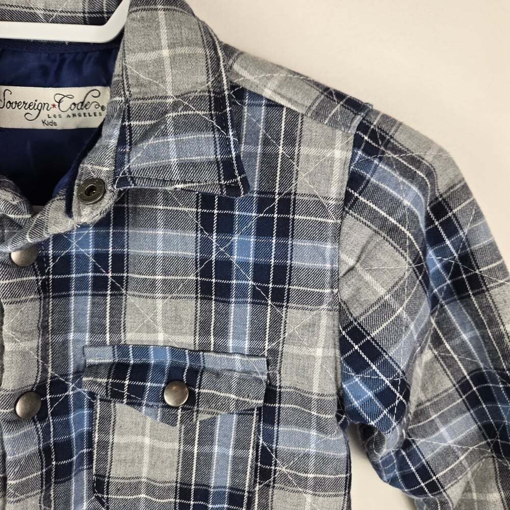 Sovereign Code Kids Blue/Gray Plaid Snap-Up Flannel Lined Light Shirt Jacket 5Y - Picture 2 of 8